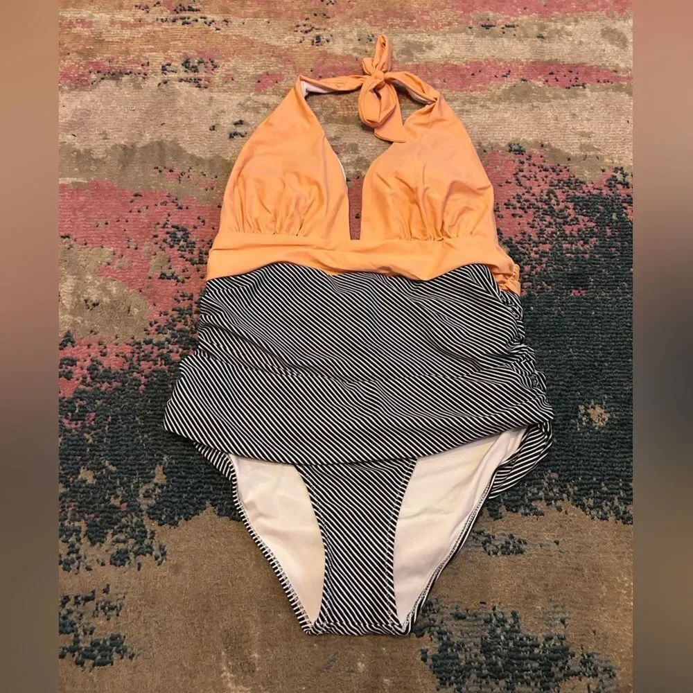 Elegant Halter One Piece Swimsuit in Peach and Black Stripes